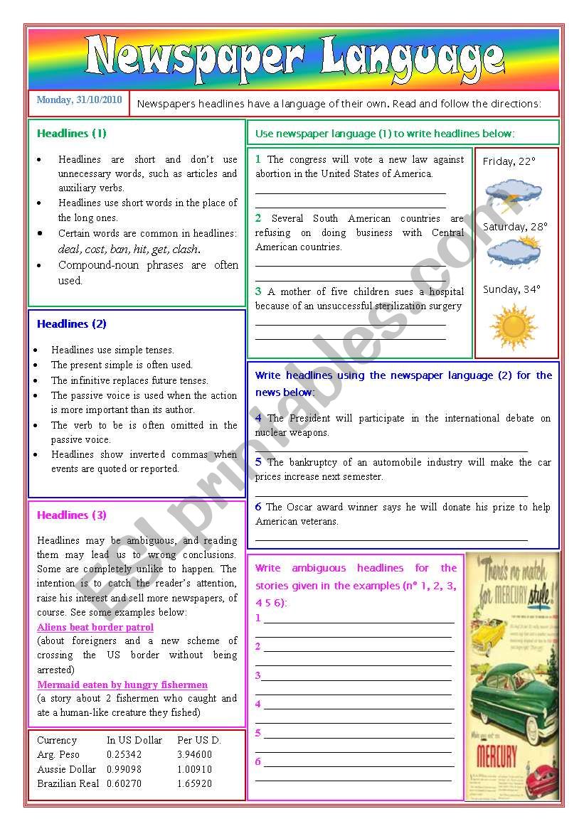 Newspaper language - headlines (directions and exercises) - keys included [2 pages] ***fully editable